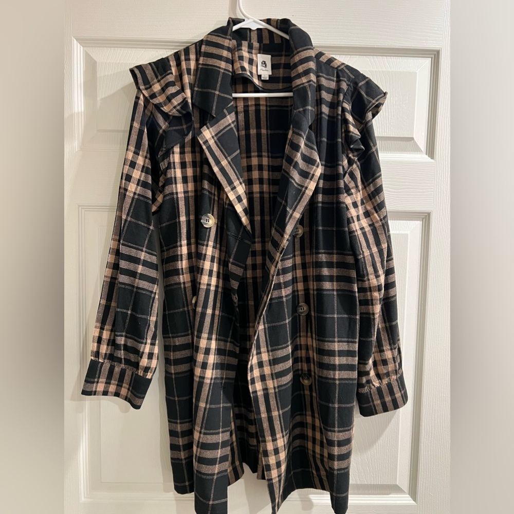 Plaid Double-Breasted Pea Coat in Black and Tan